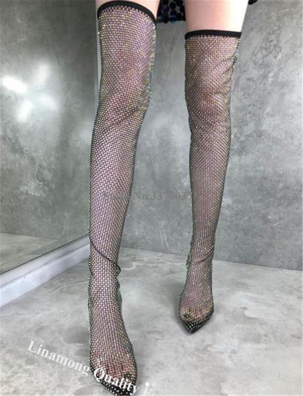 Linamong Rhinestones Mesh Long - Knee High Sock Women review and price